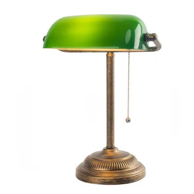 Banker-Bureaulampe mit Zugschalter, grüner Glasschirm, E26