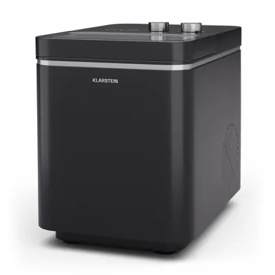 A black ice maker on a white background.