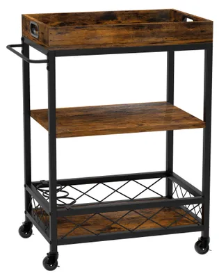 Imagen del producto de Carrito de bar de 3 niveles para la cocina, con estantes extraíbles, estilo rústico, color marrón