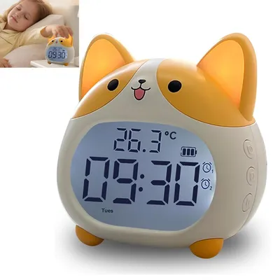 Produktbild von Kinderwecker Corgi Hund, LED Nachtlicht mit 6 Wecktönen, Schlummerfunktion, Temperaturanzeige Wiederaufladbar