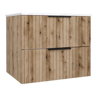 Produktbild von Waschbeckenunterschrank TIBU mit Waschbecken Badezimmer 2 große Schubladen Softclose Badmöbel Eiche Evoke 60x50x46