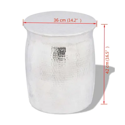 A hammered silver aluminum stool/side table with dimensions indicated by red lines and text.