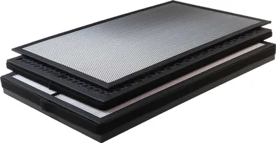 Three air filters stacked on top of each other, viewed from an angle.
