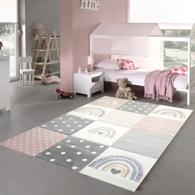 Zdjęcie produktu dla Dywan do pokoju dziecięcego Dywan Play tęczowe kropki serca różowy szary kremowy Rozmiar - 200 x 290 cm