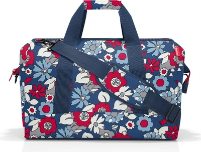 Produktbild von reisenthel allrounder L Reisetasche 30 L, Florist Indigo, MT4088, aus recyceltem PET-Polyester, Doktortaschenprinzip mit Metallbügel, wasserabweisend, gepolsterter Schultergurt & Seiten, 6 Innenfächer, Handgepäcktauglich