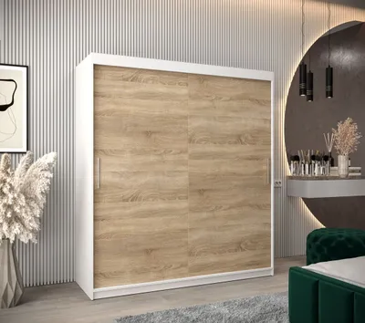 Produktbild von Schwebetürenschrank mit einer Breite von 180 cm TIMEA – Weiß / Eiche Sonoma