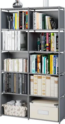 Image de Gris, bibliothèque verticale à deux rangées, 10 compartiments, meuble de rangement multifonctionnel