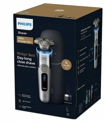 Zdjęcie produktu dla Philips i9000 Prestige Ultra XP9404/46 Golarka elektr. na sucho i na mokro ze SkinIQ Pro, Golarka rotacyjna, Chrom, Triple-Action Lift & Cut System; NanoTech Dual Precision blades, LCD, GroomTribe; Connects via Bluetooth, Replace every 2 yrs with SH91