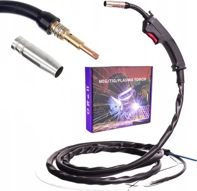 A welding torch and accessories are displayed on a white background, with a box showing a welder in action.