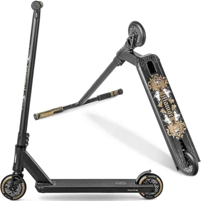 A black stunt scooter is shown from multiple angles against a white background.