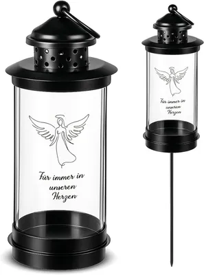 Produktbild von Grablaterne mit Erdspieß, für Friedhof, wetterfest, mit 2 Aufkleberbögen (Engel, 49,5 cm)