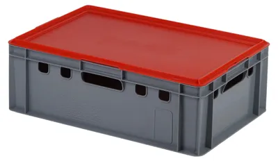 Produktbild von E2 Kisten mit rotem Deckel 600 x 400 x 200 mm Farbe: grau