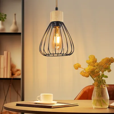 Produktbild von ZMH Pendelleuchte Esstisch Hängelampe Vintage Esszimmerlampe Schwarz Esszimmer Hängeleuchte Metall 1 Flammig Retro Hanfseil aus Holz Industrial E27 Pendellampe für Wohnzimmer ohne Leuchtmittel
