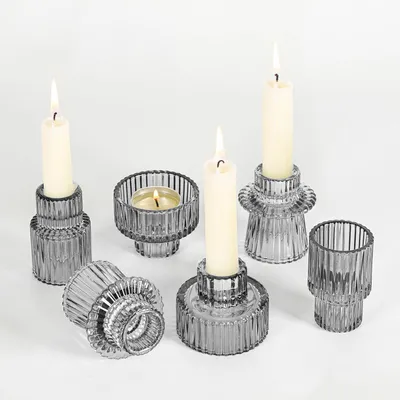 Image de Ensemble de bougeoirs en verre, 2-en-1, comprenant 6 pièces, transparents, pour bougies chauffe-plat