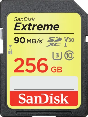 Produktbild von SanDisk Extreme, 256 GB, SDXC, Klasse 10, UHS-I, 90 MB/s, 60 MB/s