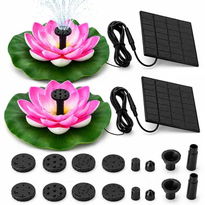 Produktbild von Solar Springbrunnen Lotus 2 Stück LED Gartenbrunnen schwimmend 6 Düsen Teich Vogelbad Wasserspiel