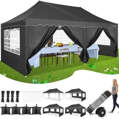 Productafbeelding van Paviljoen, 3x6 meter, waterdicht, UV50+, met 6 zijwanden, inklapbare tas, zandzakken, zwart