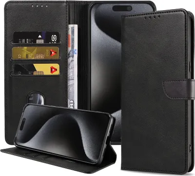 Produktbild von Fit für iPhone 15 Pro Handytasche Kunstleder mit magnetischer Lippe und Kartenhalter Buchhülle mit Klappe - Schwarz - Smartphonics