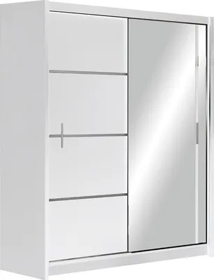 Produktbild von Furniture24 Kleiderschrank Vista 150 Schwebetürenschrank Schrank mit Schiebetür 2 Kleiderstangen 5 Einlegeboden Weiß mit Spiegel , 151 cm breit