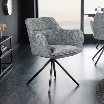 Produktbild von riess-ambiente Drehbarer Stuhl VERONA grau Strukturstoff mit Armlehne Metallbeine schwarz Drehstuhl Esszimmerstuhl Konferenzstuhl