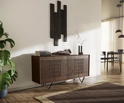 Produktbild von DELIFE Sideboard Manjula 145 cm Mango Braun 4 Türen V-Fuß Metall Schwarz