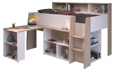 Produktbild von Kombibett für Kinder mit ausziehbarem Schreibtisch – Weiß und Eiche – 90 x 200 cm – Boxspring inklusive – THEO