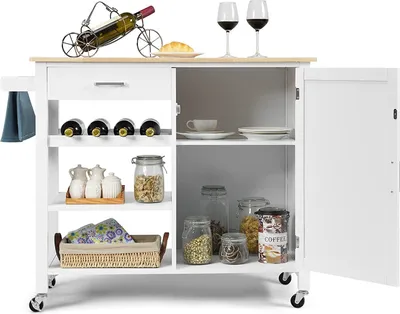 Produktbild von COSTWAY Küchenwagen auf Rollen, Kücheninsel mit Schublade, Weinregal, offene Regale & Handtuchhalter, platzsparender Servierwagen, für Küche, Esszimmer, Bar, Weiß