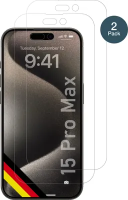 A screen protector for an iPhone 15 Pro Max is shown, with a second protector behind it.