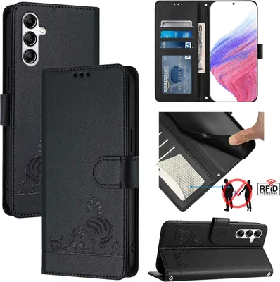 Produktbild von Leder Hülle für Samsung Galaxy A14 5G/4G Süße Katze Flip Case Brieftasche Schutzhülle mit Standfunktion Schwarz