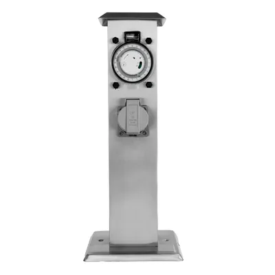Produktbild von Grafner Gartensteckdose Edelstahl mit Zeitschaltuhr 2 Steckdosen, silber, klein und schmal, Energiesäule Timer Mehrfach Metall Außen Steckdose 2-Fach