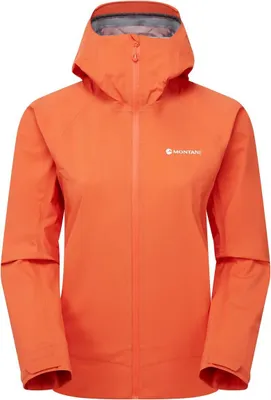 Hardshelljacke für Damen in leuchtendem Orange von Montane; mit Kapuze und Reißverschluss.