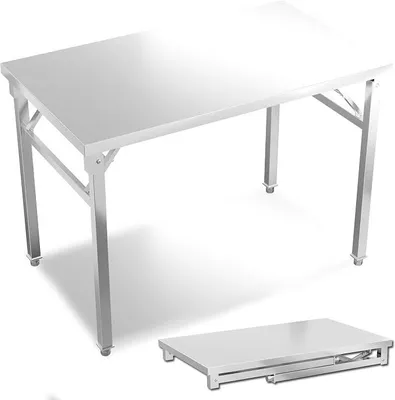Produktbild von Edelstahl Klappbar Arbeitstisch Metalltisch Edelstahl Arbeitsplatte Bis 300KG Küchentisch Klapptisch Serviertisch Grilltisch mit höhenverstellbaren Füßen - 120x60x85cm