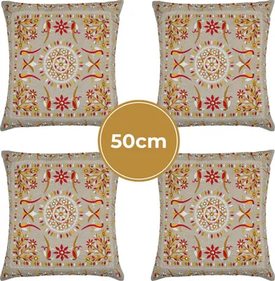 Immagine prodotto di Set di 4 fodere per cuscino Marrakesh 50x50 cm grande | cuscini per divano in cotone ricamato come decorazione per il soggiorno sulla poltrona e sul divano | cuscini decorativi lodge rosso come cuscini per sedia nella sala da pranzo