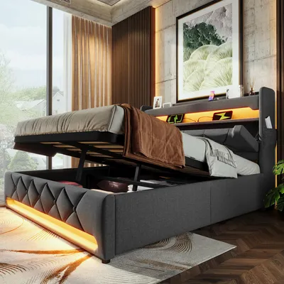 Image de okwish Lit coffre 160×200 cm, jeune sans matelas, tête de lit avec rangement, LED, USB et Type-C – gris