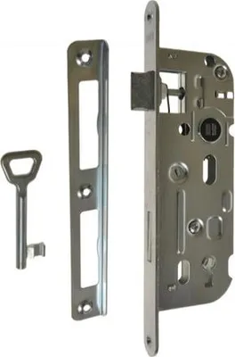A lock mechanism and a key are laid out on a white background.