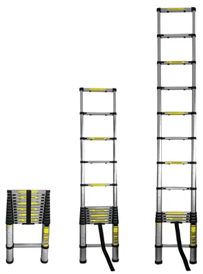 Produktbild von Teleskopleiter, Ausziehbare Leiter bis 2.6 m, Multifunktionsleiter mit 150kg Belastbarkeit, Rutschfeste Aluminium Dachbodenleiter mit rutschfesten Füs