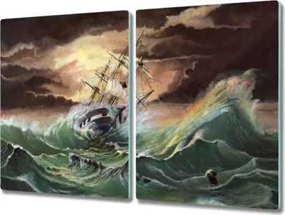 Produktbild von Coloray Herdabdeckplatte 2x40x52 cm Schneidebrett Kochplattenabdeckung Küchenbrett Hackbrett - Boot Schiff Ozean Sturmwellen
