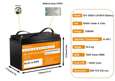 Immagine prodotto di Batteria al litio - Batteria LiFePO4 - Batteria al litio - Batteria da 12V - Batteria da 100Ah - Elevata capacità: 1280 Wh