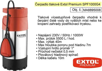 Obrázok produktu pre Ponorné tlakové čerpadlo Extol Premium, 1000 W, 5500 l/h