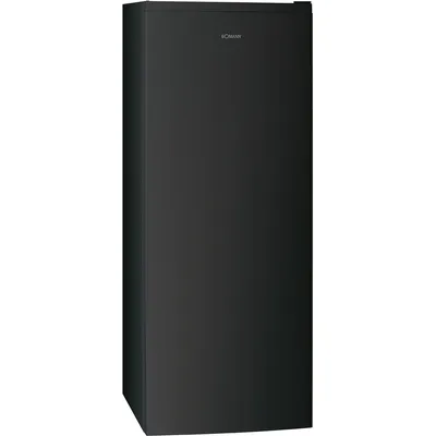 A black upright freezer shown from the front.