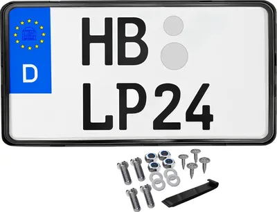 A license plate holder with mounting hardware.
