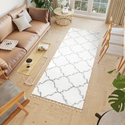 Produktbild von Teppichläufer Flur Teppich Hochflor Langflor Modern Brücke Wohnzimmer Schlafzimmer Design Creme Grau Fransen 100 x 400 cm