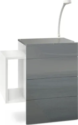 Produktbild von Vladon Nachttisch Queens,  Germany, Nachttischschrank mit 2 Schubladen und 1 seitlichem Fach zur Wandmontage, Weiß matt/Grau Hochglanz, inkl. LED Flexi Lampe weiß (60 x 63 x 36 cm)
