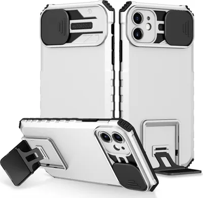 Image de Étui pour iPhone 11 étui de protection militaire double couche avec béquille et protection coulissante de l'appareil photo Blanc