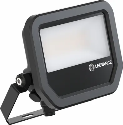 A studio shot of a black and gray LED floodlight with a metal bracket.