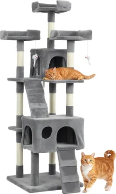Image de Arbre à chat - Arbre à chat 153 cm - 5 niveaux - 2 grottes - 3 surfaces de repos - 2 rampes - Troncs en sisal - Souris suspendues - Or