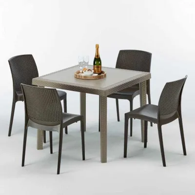 Produktbild von Polyrattan Tisch Quadratisch mit 4 Bunten Stühlen 90x90 Beige Elegance