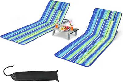 Produktbild von KOMFOTTEU 2er Set Strandmatte mit Tisch, Kopfkissen & Tasche, 3-teiliges Badematten Set, Strandliege mit 5-Fach verstellbare Rückenlehne (Blau + Grün)