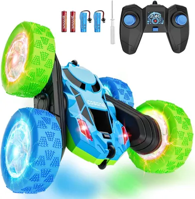 Productafbeelding van Afstandsbedieningsauto voor kinderen van 6-12 jaar – 4WD stunt RC-auto met LED-verlichting en 360° capriolen, 2,4 GHz, 2 verwisselbare 500-mAh-batterijen, USB-C, bereik tot 50 m – Cadeau voor jongens en meisjes