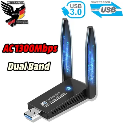 A product shot of a wireless USB adapter with promotional text and logos.